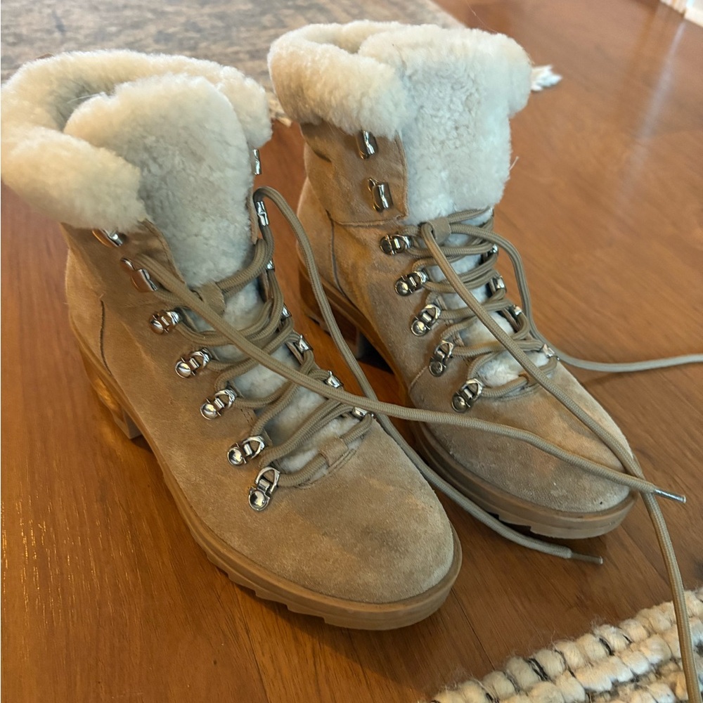 Marc Fisher Beige Suede Winter Boots with White Fur - Picture 6 of 12